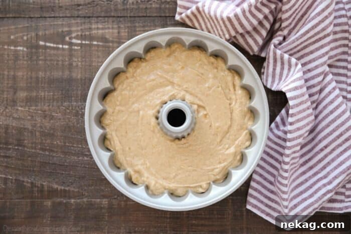Apple Cider Donut Cake Recipe with How-To Video 9 Top view of apple cider cake batter in a bundt pan.
