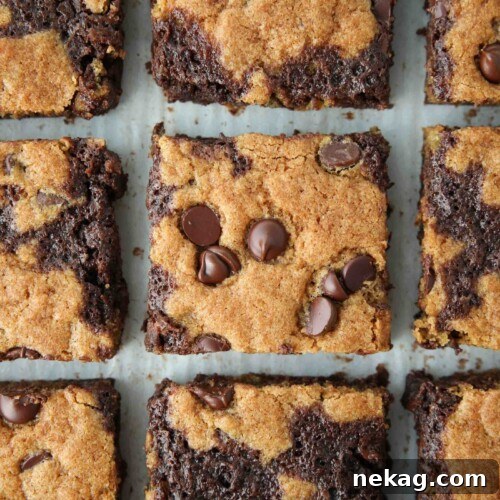Close up of Brookies - half brownies and half cookies cut into squares.