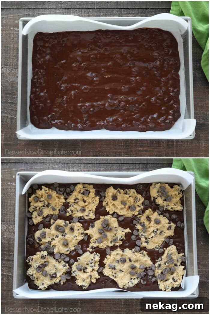 Layering brownie batter and cookie dough into a 9x13-inch pan.