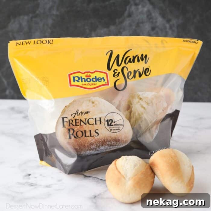 Package of Rhodes Warm & Serve French Rolls with a couple rolls outside of the package.
