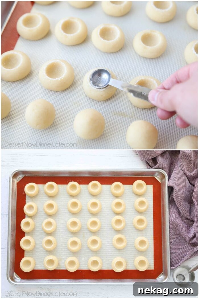 Pressing wells into cookie dough with the back of a measuring spoon.