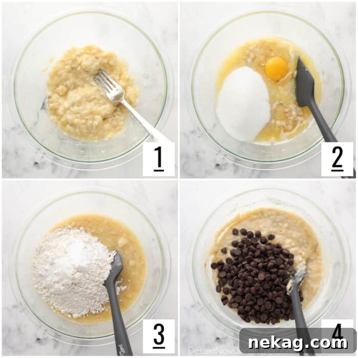 Chocolate Chip Banana Bread Recipe with Melted Chocolate Chunks 5 Steps to make chocolate chip banana bread in one bowl.
