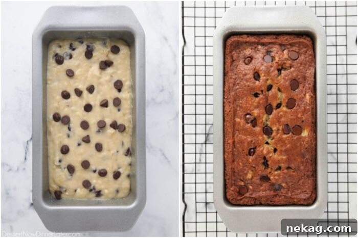Chocolate Chip Banana Bread Recipe with Melted Chocolate Chunks 6 Before and after baking chocolate chip banana bread.