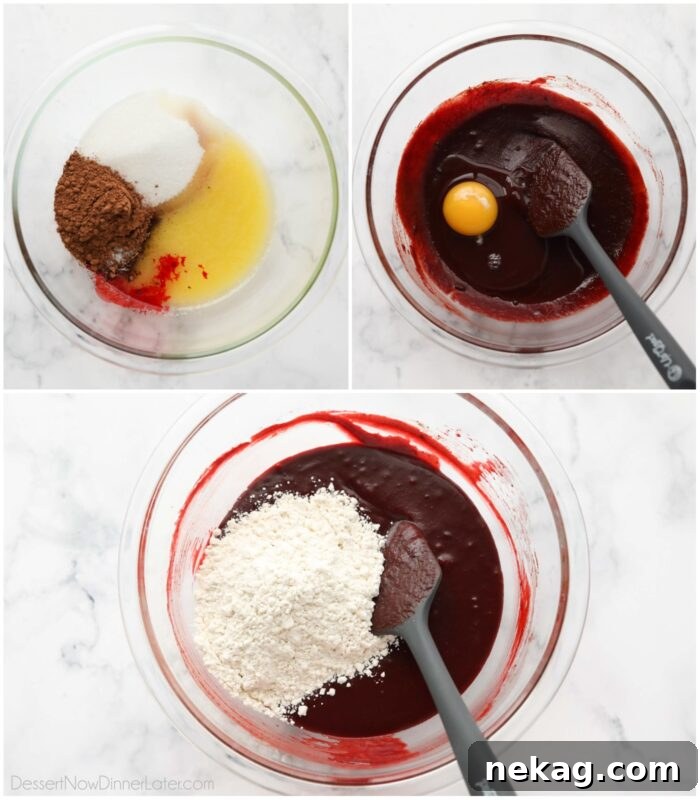 Steps to make red velvet brownies.