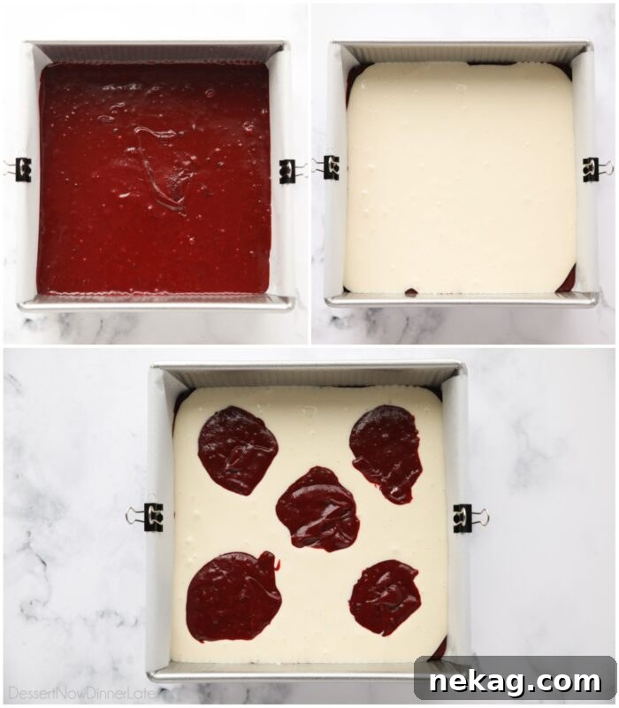 Layering red velvet brownie and cheesecake batter in pan.
