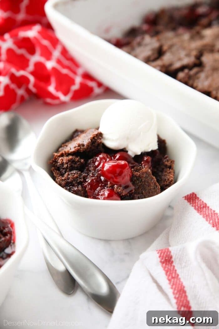 Decadent Chocolate Cherry Dump Cake Recipe 2 Chocolate cherry dump cake in a small bowl topped with vanilla ice cream.