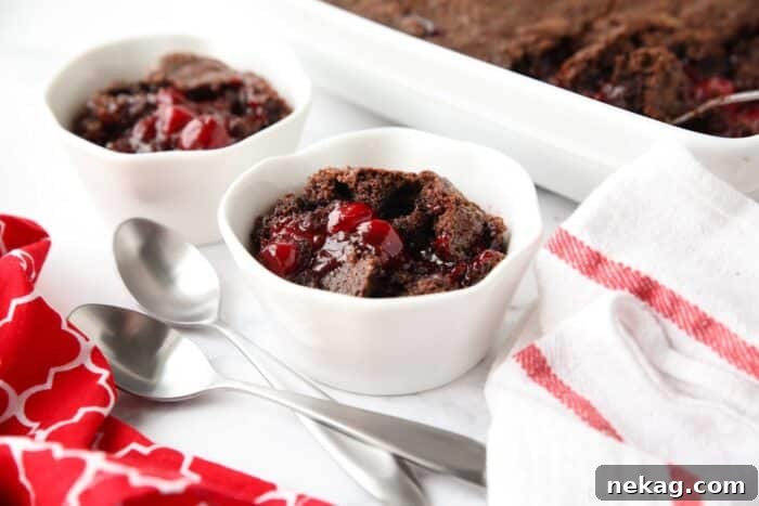 Decadent Chocolate Cherry Dump Cake Recipe 9 Warm chocolate cherry cobbler in a small bowl.