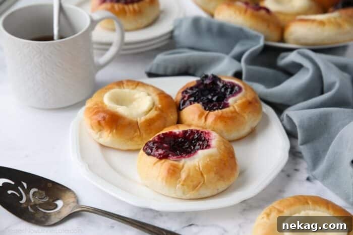 Raspberry, blueberry, and cream cheese kolaches on a plate.