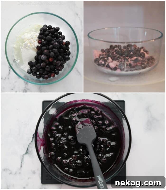 Collage of how to make blueberry filling in the microwave.