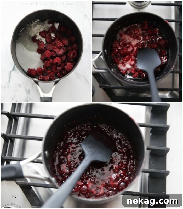 Collage of how to make raspberry filling on the stovetop.
