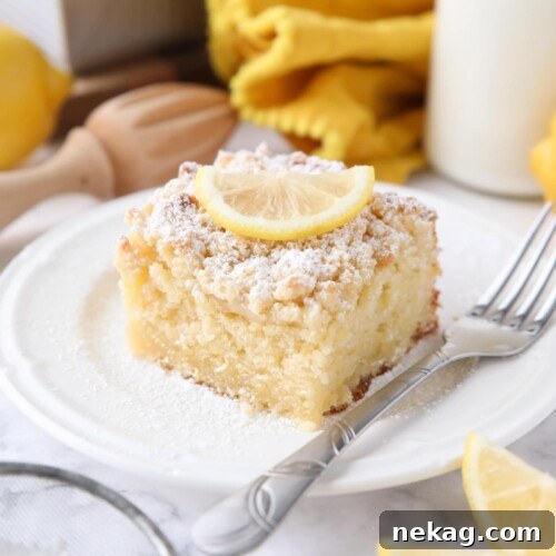 Thick slice of lemon coffee cake on a plate dusted with powdered sugar and a slice of lemon on top.