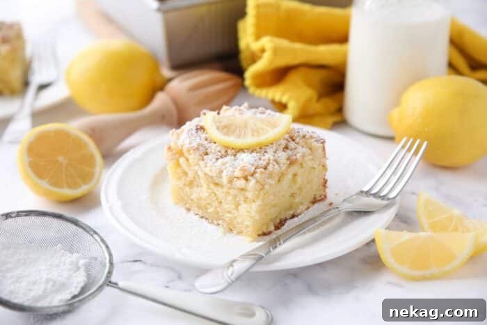 Plated slice of lemon coffee cake.