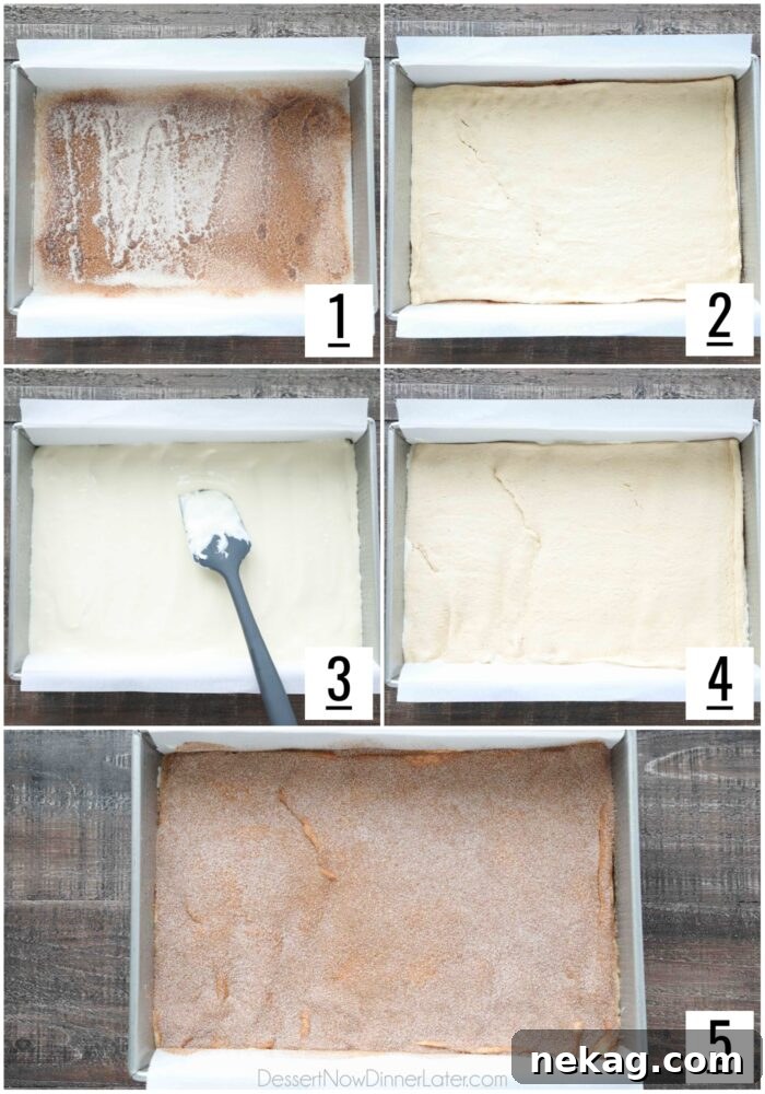 Assembling Sopapilla Cheesecake Bars in a pan before baking.