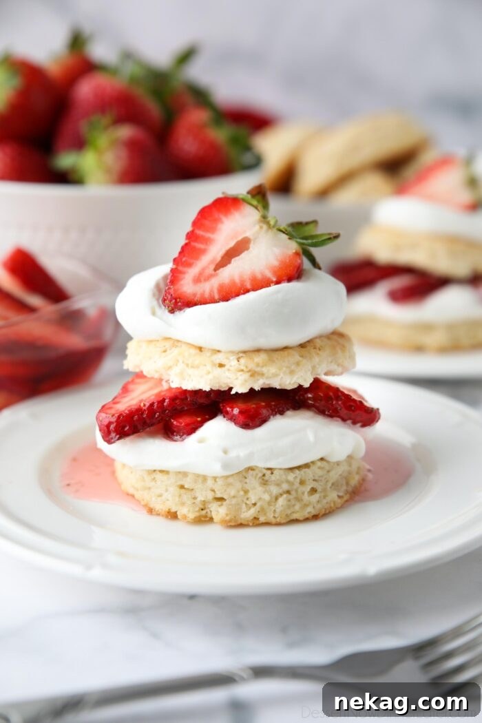 Flaky Biscuit Strawberry Shortcake Recipe You’ll Love 2 Stack of strawberry shortcake made with biscuits, whipped cream, and strawberries.