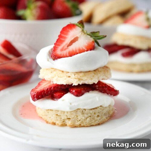 Flaky Biscuit Strawberry Shortcake Recipe You’ll Love 11 Stack of strawberry shortcake made with biscuits, whipped cream, and strawberries.
