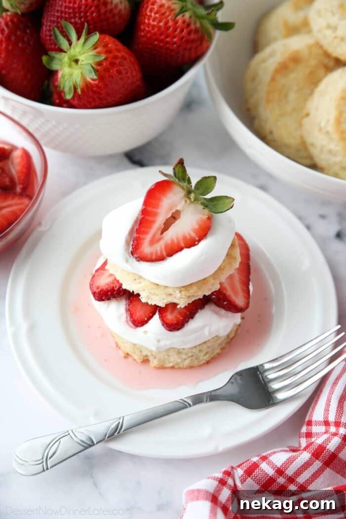 Flaky Biscuit Strawberry Shortcake Recipe You’ll Love 3 Top view of strawberry shortcake stack with biscuits, whipped cream, and strawberries.