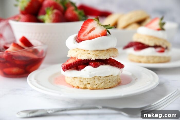Flaky Biscuit Strawberry Shortcake Recipe You’ll Love 9 Stack of strawberry shortcake made with biscuits, whipped cream, and strawberries.