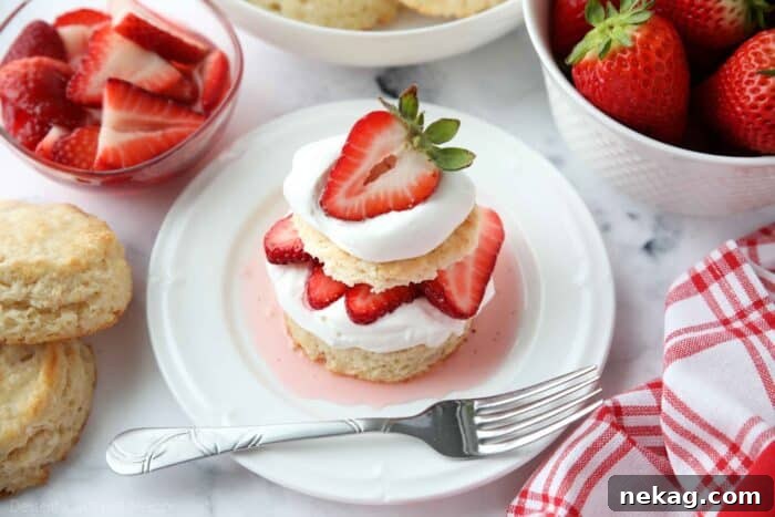 Flaky Biscuit Strawberry Shortcake Recipe You’ll Love 10 Top view of strawberry shortcake stack with biscuits, whipped cream, and strawberries.