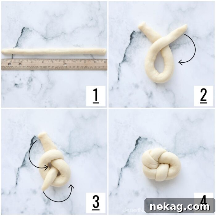 Steps to shape dough for cinnamon knots.