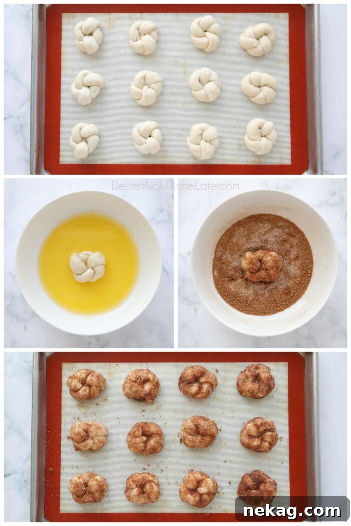 Steps to coat cinnamon knots with butter and cinnamon-sugar.