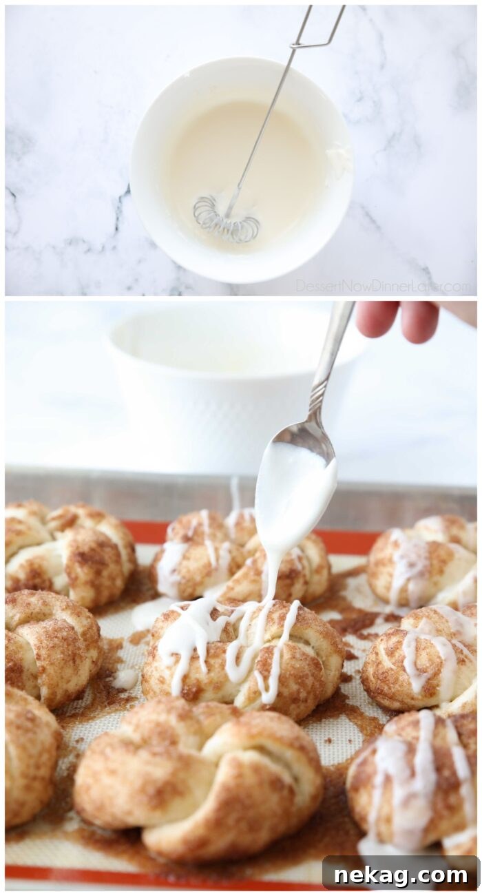 Collage. Top: Bowl of icing. Bottom: Spoonful of icing being drizzled over baked cinnamon knots.