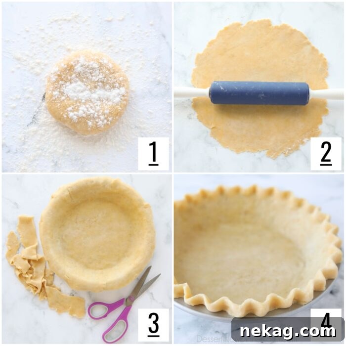 Steps to roll pie crust, fit it to the pan, and crimp the edges.
