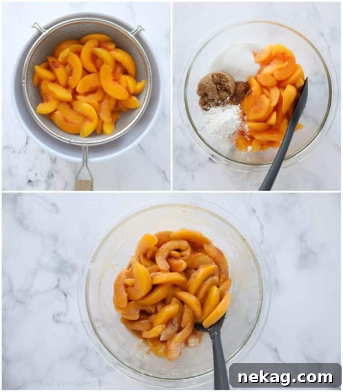 Steps to make peach pie filling with frozen peaches.
