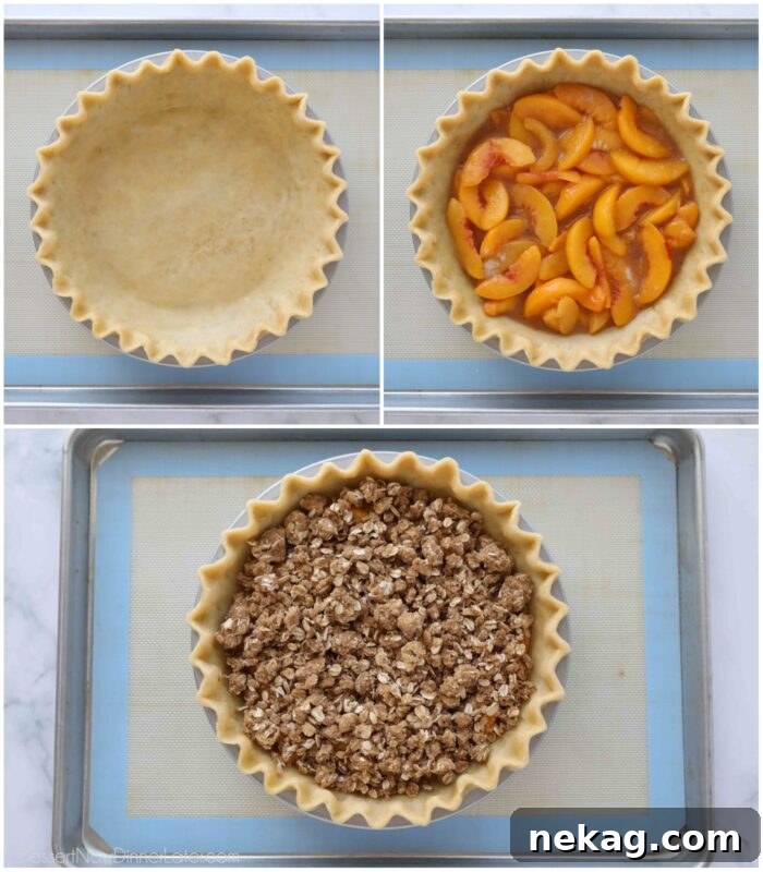 Steps to assemble peach crumb pie with a bottom pie crust, peach pie filling, and crumb streusel topping.