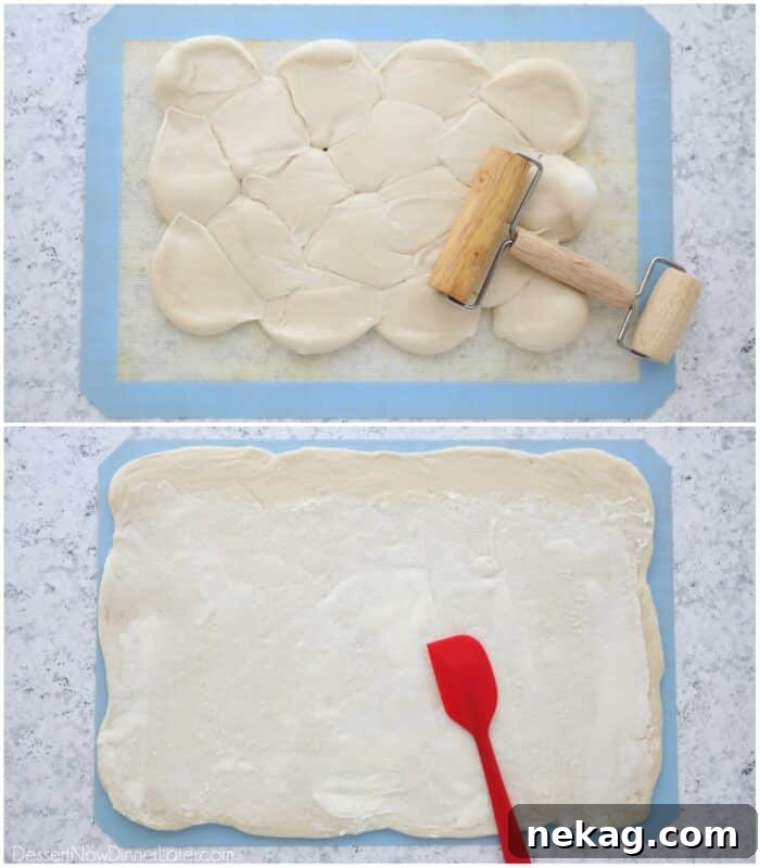Oreo-Stuffed Cinnamon Rolls with Cream Cheese Glaze 6 Top: Rolling Rhodes rolls together with rolling pin. Bottom: Spreading butter over dough.