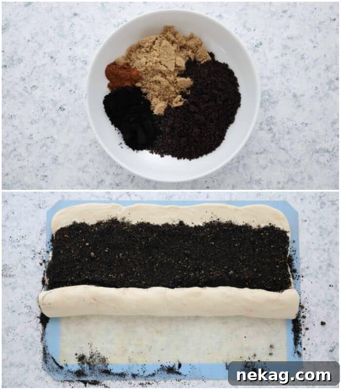 Oreo-Stuffed Cinnamon Rolls with Cream Cheese Glaze 7 Top: Oreo cinnamon roll filling ingredients in bowl. Bottom: Filling being rolled up inside dough.