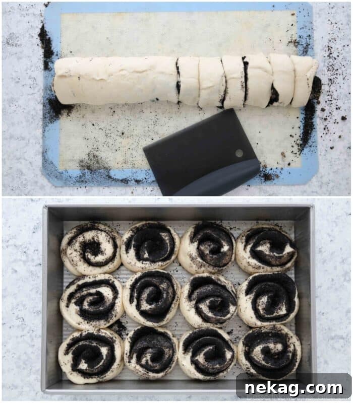 Oreo-Stuffed Cinnamon Rolls with Cream Cheese Glaze 8 Top: Cutting dough. Bottom: Cut Oreo Cinnamon Rolls in a baking pan.