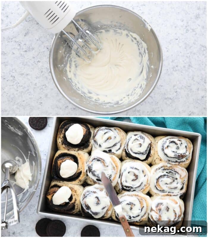 Oreo-Stuffed Cinnamon Rolls with Cream Cheese Glaze 9 Top: Cream cheese frosting made with a hand mixer. Bottom: Frosting spread over Oreo Cinnamon Rolls.