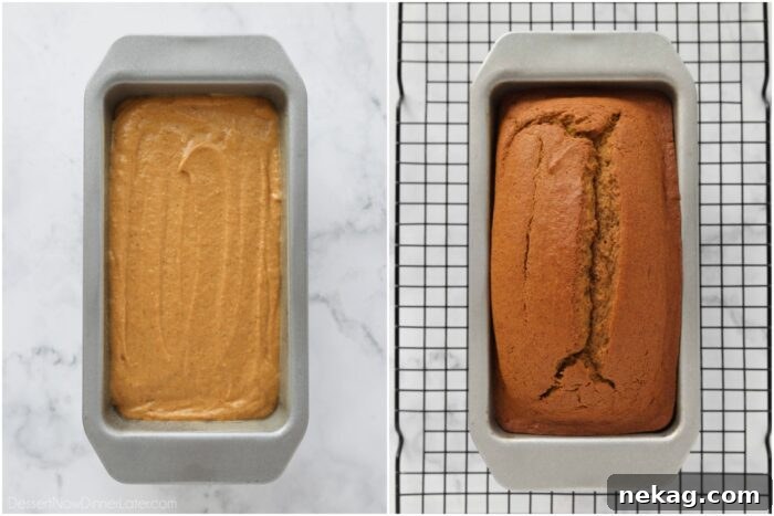 Moist Spiced Pumpkin Loaf Recipe for Autumn Baking 7 Before and after baking pumpkin bread in a pan.
