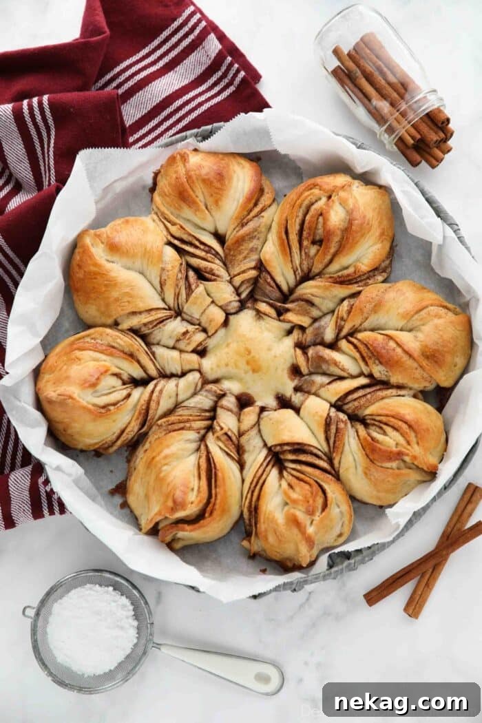 Cinnamon Star Bread made with Rhodes rolls in a basket.