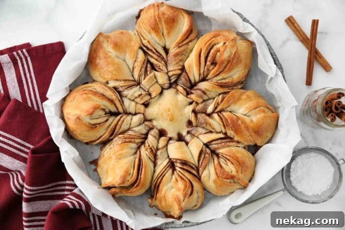 Cinnamon Star Bread made with Rhodes rolls in a basket.