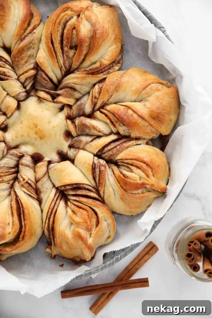 Close up of star bread with cinnamon layers.