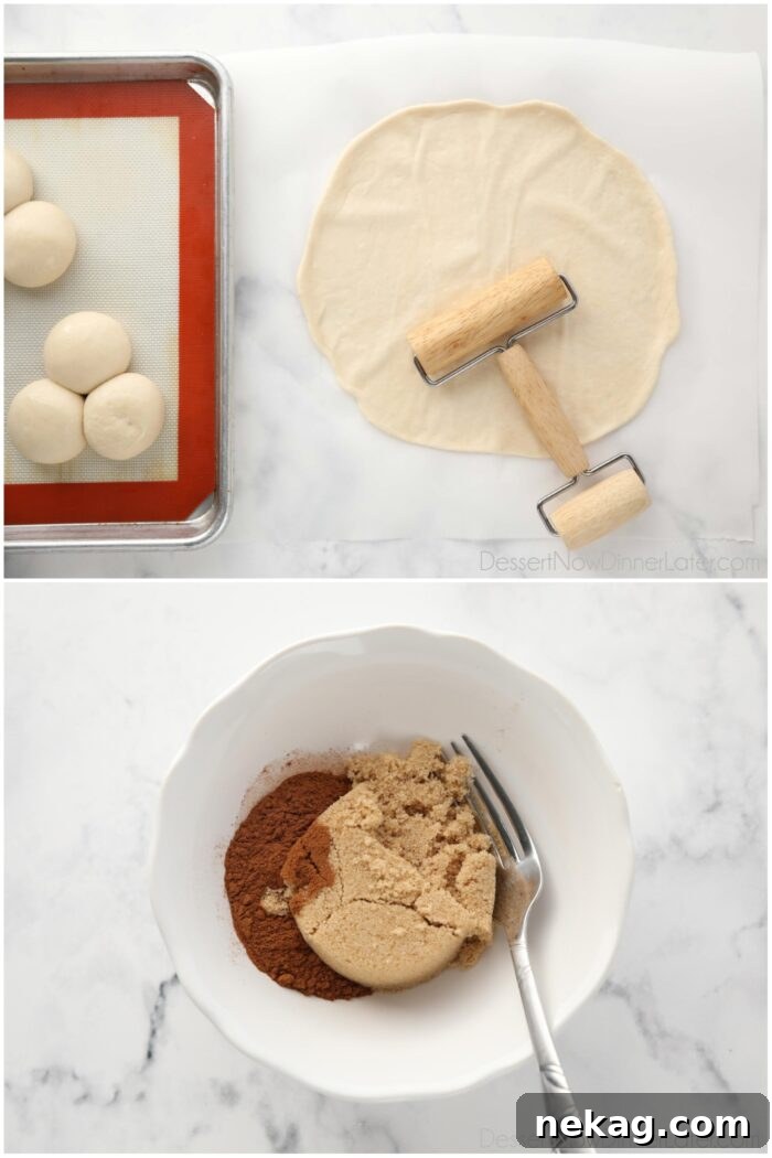 Two images. 1. Rolling Rhodes rolls together into one round circle on top of parchment paper. 2. Bowl full of brown sugar and cinnamon.