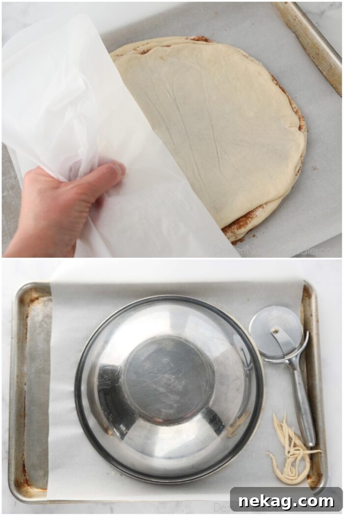 Two images. 1. Layering the dough with butter, cinnamon, and brown sugar. 2. Cutting off the excess dough using a bowl and pizza cutter.