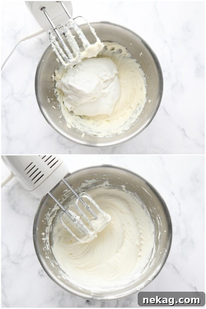 Decadent Pistachio Dessert Recipes to Impress Guests 8 Adding whipped cream to cream cheese and mixing it together.