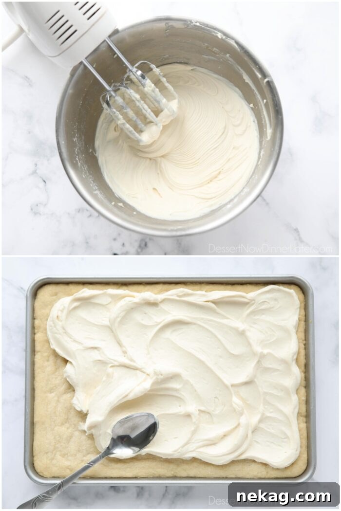 Cream cheese frosting being made and spread onto sugar cookie bars.