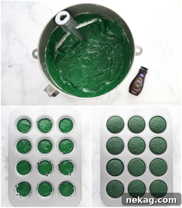 Green cake batter in bowl. Before and after baking green cupcakes in pan.