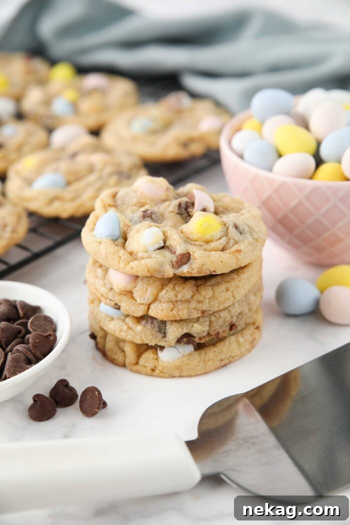 Cadbury Egg Cookie Recipe: Gooey Chocolate Candy Cookies 2 Stack of Cadbury egg cookies for Easter.
