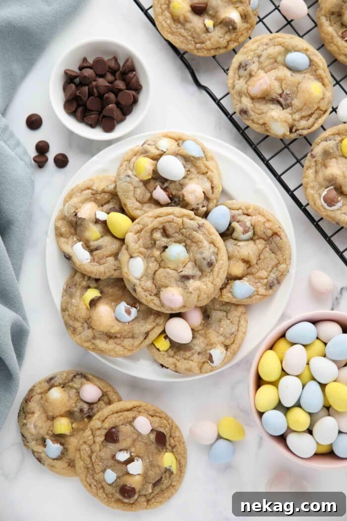 Cadbury Egg Cookie Recipe: Gooey Chocolate Candy Cookies 4 Cadbury mini egg cookies on a plate.
