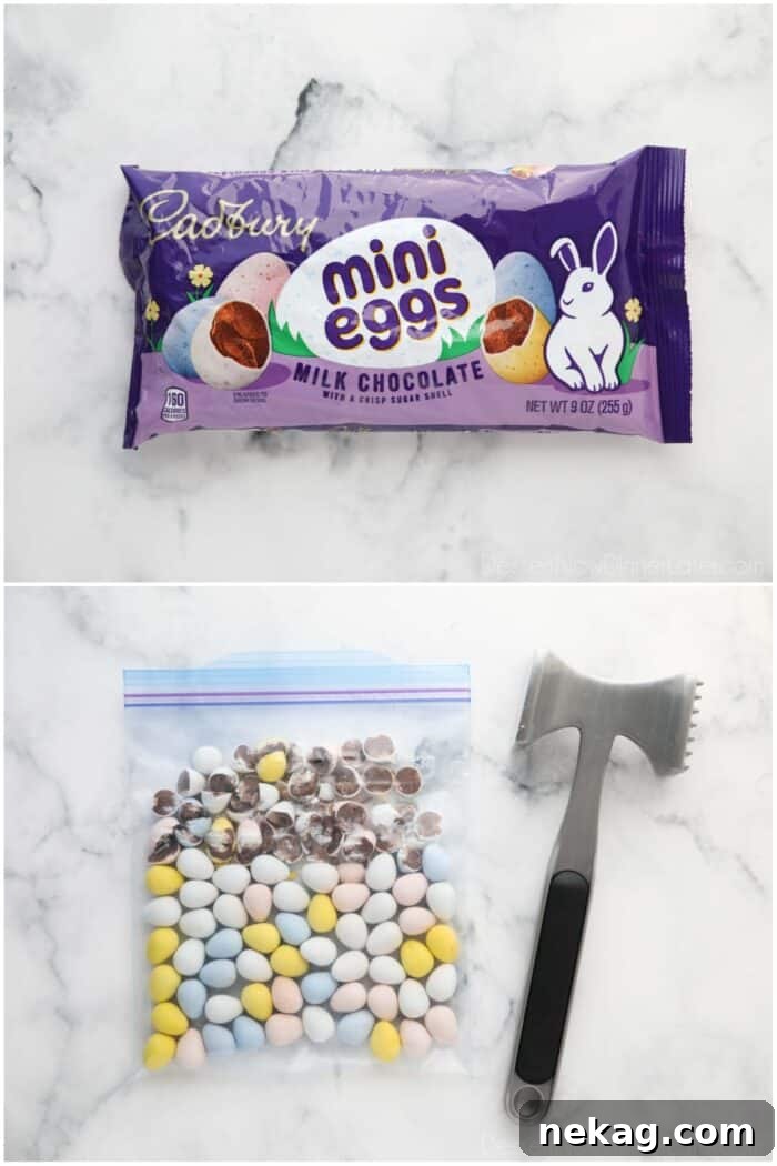 Cadbury Egg Cookie Recipe: Gooey Chocolate Candy Cookies 5 Cadbury Mini Eggs candies in a bag being broken into smaller pieces with a meat mallet.