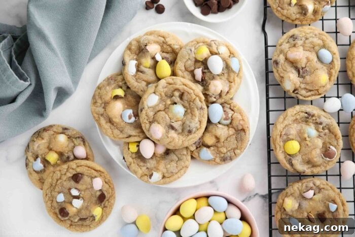 Cadbury Egg Cookie Recipe: Gooey Chocolate Candy Cookies 10 Cadbury mini egg cookies on a plate.