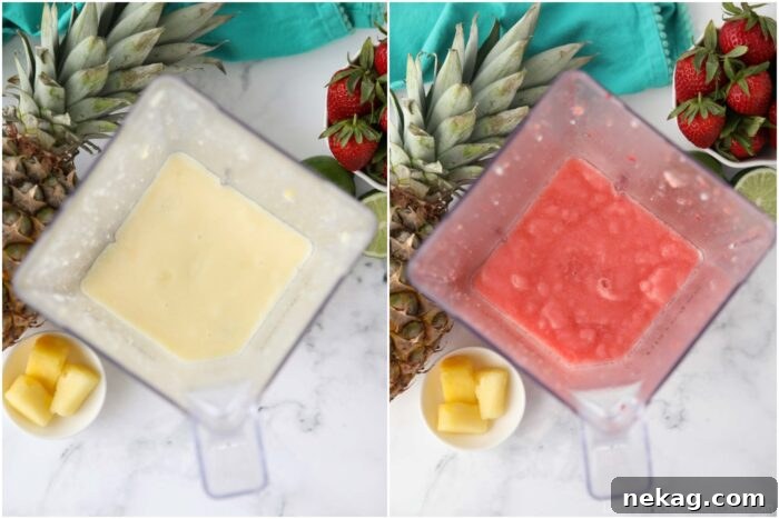 Two images side by side with virgin pina colada and virgin strawberry daiquiri mixtures inside of a blender.