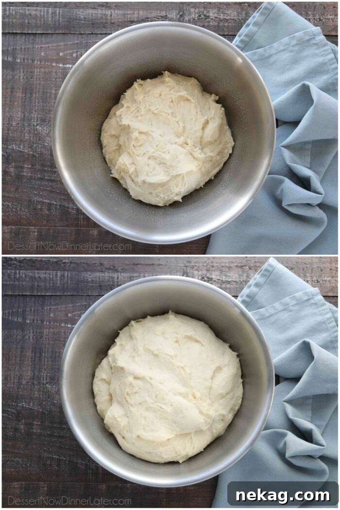 Homemade Cinnamon Rolls with Gooey Cream Cheese Frosting 8 Dough before and after rising.