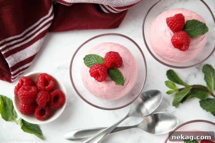 Light and Luscious Raspberry Mousse Recipe 8 Top view of Raspberry Mousse in a small clear bowls with fresh raspberries and mint on top.
