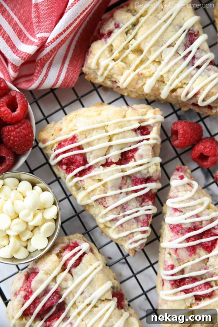 Close up of raspberry scones with white chocolate drizzled on top.