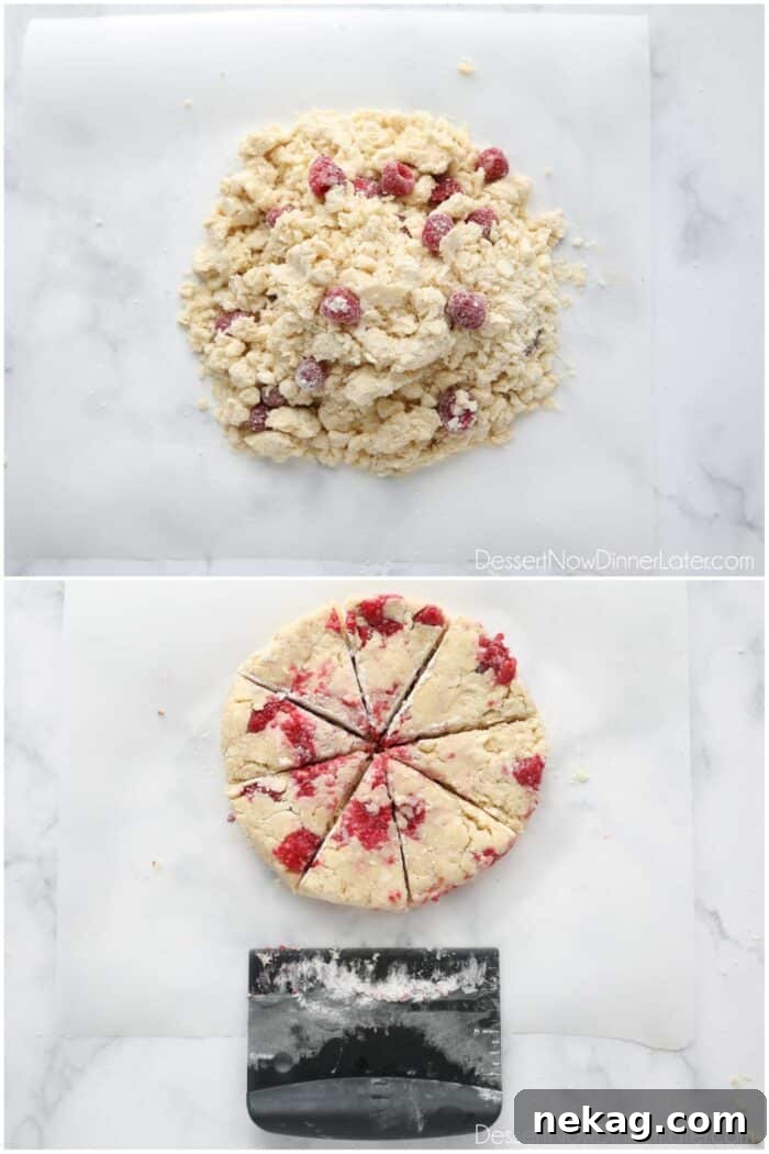 Shaping and cutting raspberry scones with white chocolate chips.